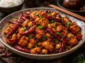 En skål med läcker pollo kung pao, full av kycklingbitar, jordnötter, torkade chilifrukter och salladslök.