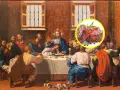 Den sista måltiden med Jesus och lärjungarna, med en överlagd bild av kött med ett kryss över, som symboliserar varför no se come carne en semana santa.