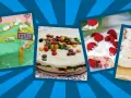 Fyra tårtor med olika **sabores de pasteles**: en grön med bilar, en med godis, en med hallon och grädde, och en med grädde och strössel.