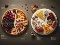 En bild som visar olika livsmedel, som bär, frukt, ost och kött, som representerar vad som är de macronutrienter.