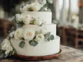 Ett elegant trevånings bröllopstårta, dekorerad med vita rosor och gröna blad. Denna vackra pastel de bodas är redo att firas.