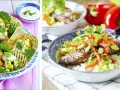 Fisk-tacos med mango och lime, samt en skål med ris, kött och grönsaker. Perfekt för **cenas saludables para niños**!