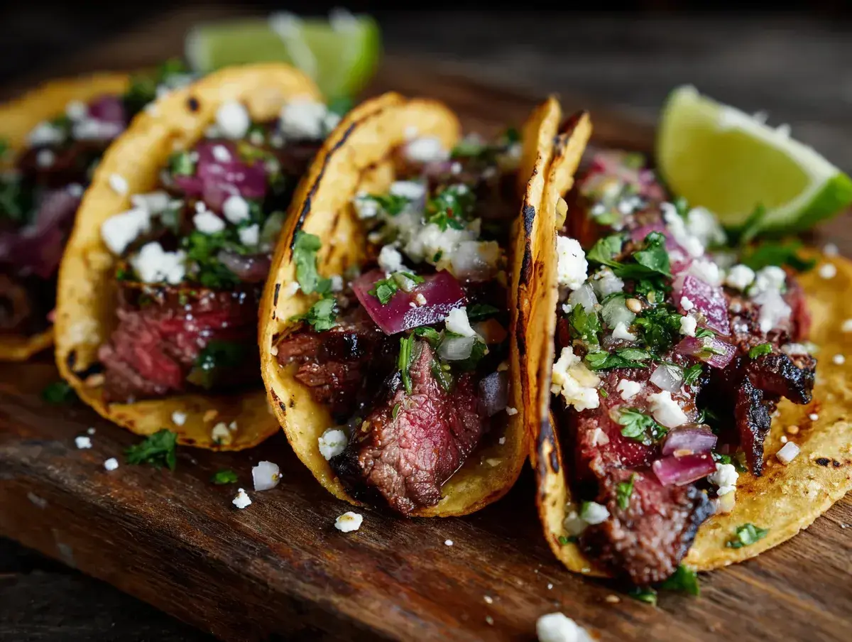 Tacos med saftig carne asada, toppade med lök, koriander och ost. En limeklyfta ligger bredvid.