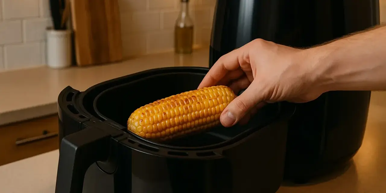 En hand placerar en gyllene mazorca de maiz i en airfryer.