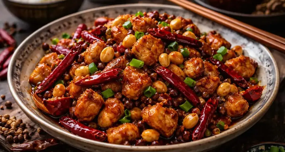 En skål med läcker pollo kung pao, full av kycklingbitar, jordnötter, torkade chilifrukter och salladslök.