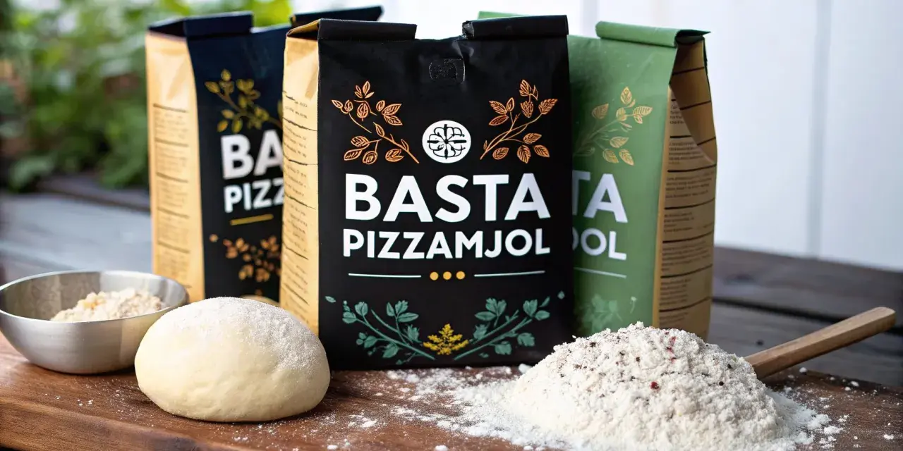 Tre påsar BASTA Pizzamjöl står uppradade. Framför dem ligger en degboll och en hög mjöl med en träsked. Perfekt för hemmagjord pizza!