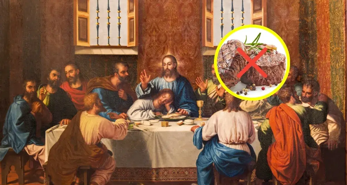 Den sista måltiden med Jesus och lärjungarna, med en överlagd bild av kött med ett kryss över, som symboliserar varför no se come carne en semana santa.