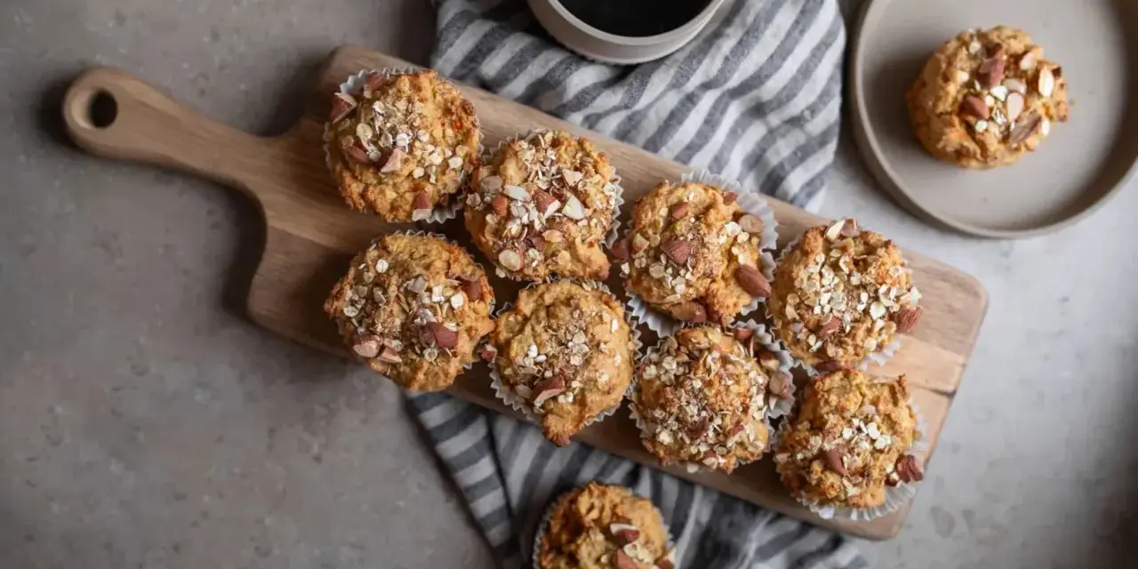 Nyttiga muffins med havre och mandel, perfekta som en del av recetas para bajar de peso. En kopp kaffe till.
