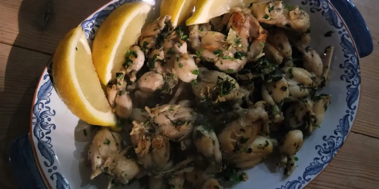 En skål med saftiga anas de rana, garnerad med citronklyftor och färska örter, redo att avnjutas.