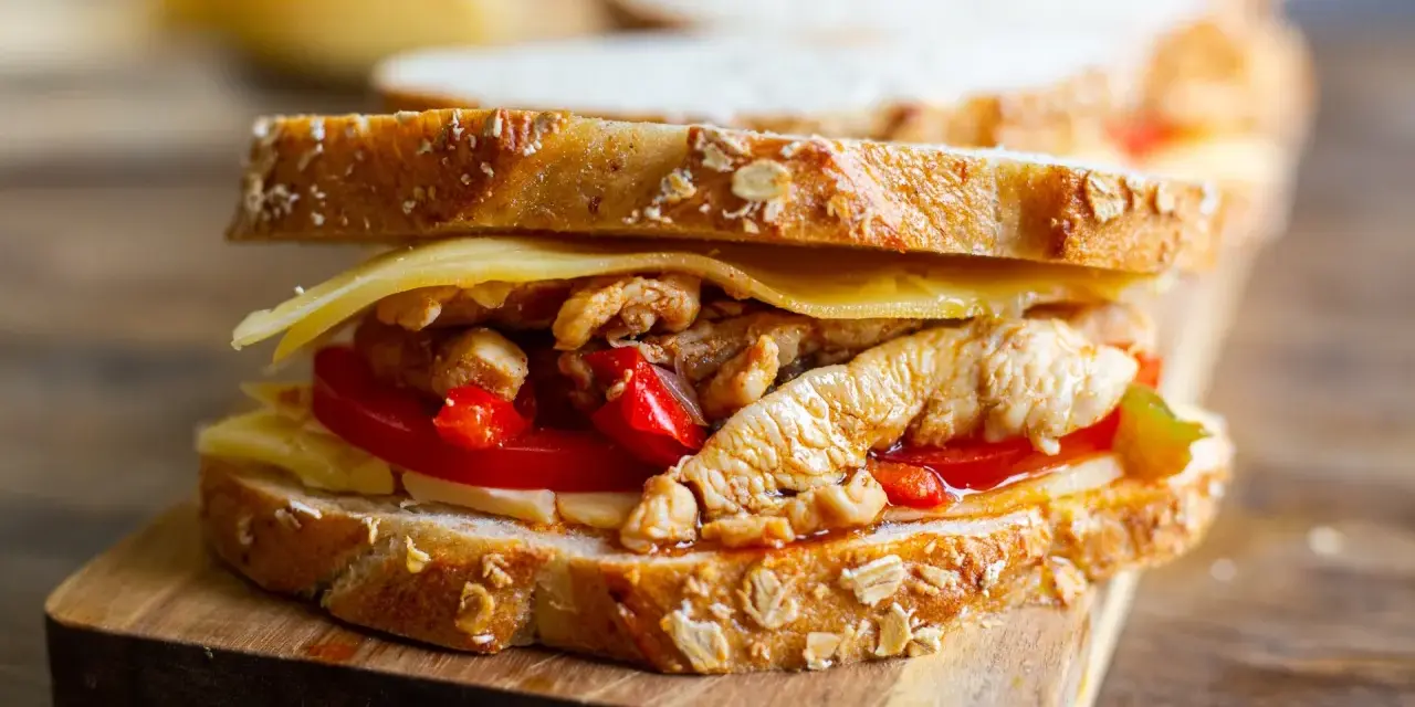 En saftig sandwich med pulled chicken, ost och tomat på grovt bröd. Perfekt för en snabb lunch!