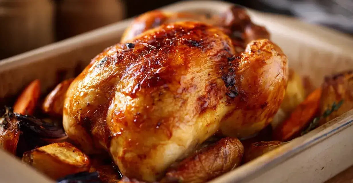 En saftig, gyllene pollo a la brasa med rostade rotfrukter i en ugnsform.