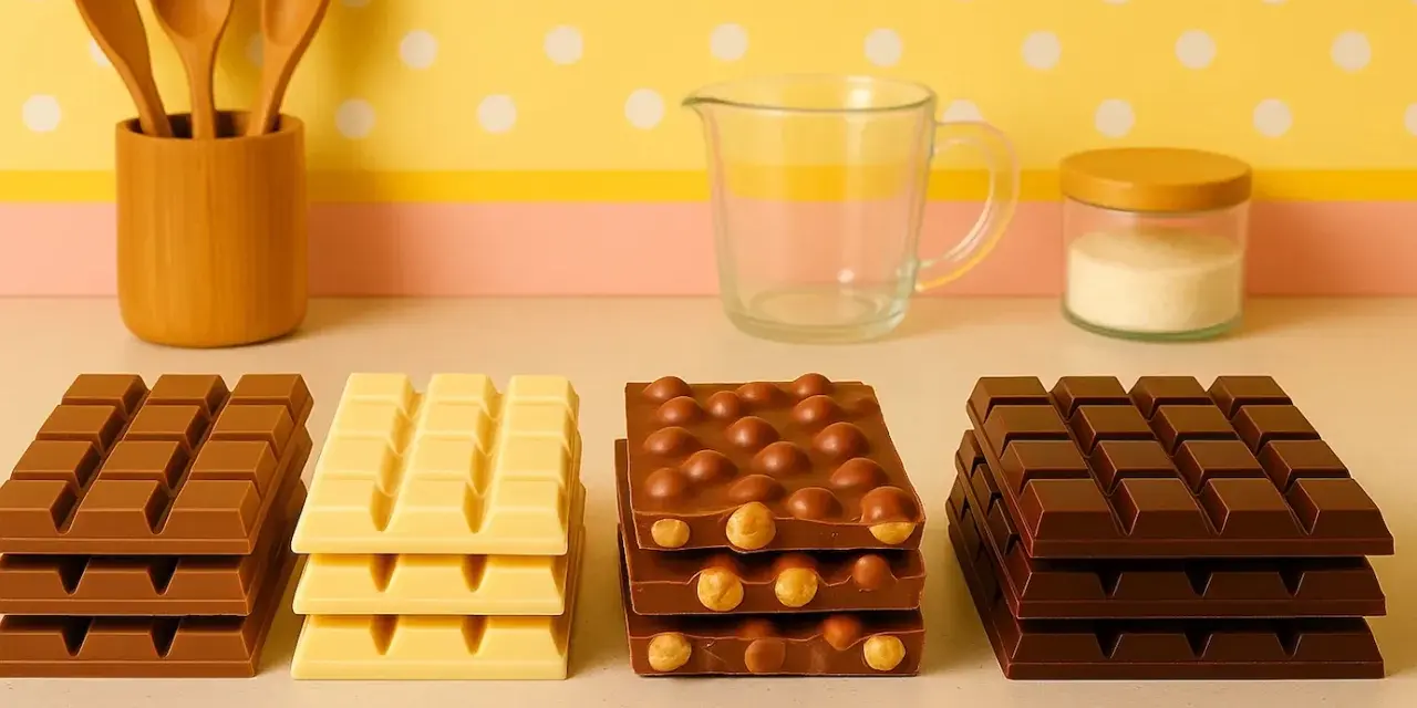 Fyra staplar med olika tipos de chocolates: mörk, vit, med nötter och mörk igen. En träbehållare med skedar, ett glas och en burk med socker i bakgrunden.