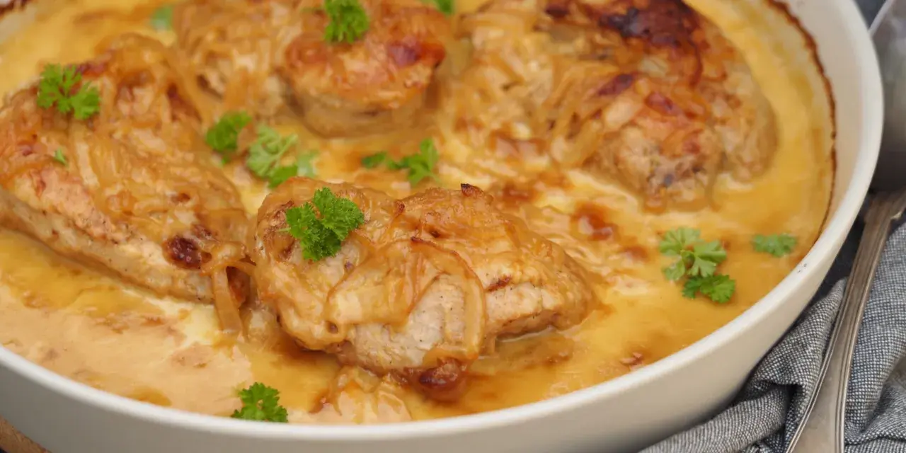 En ugnsform med saftig pollo encebollado salvadoreño, kyckling i en krämig löksås, garnerad med persilja.