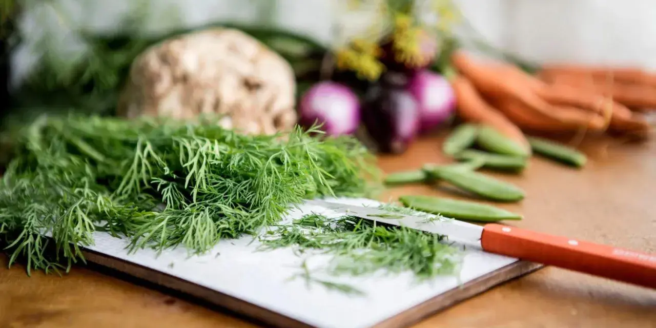 Färska örter, som dill, är utmärkta för att ge smak åt mat. Här ser vi dill förberedd för matlagning tillsammans med andra grönsaker.