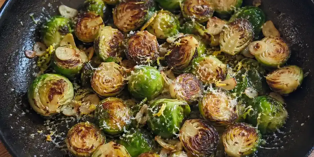 Stekta coles de bruselas med vitlök och parmesan i en gjutjärnspanna.