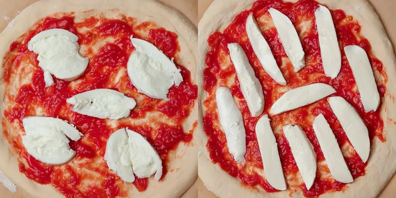 Två olika tipos de pizza förbereds: en med klumpar av mozzarella, den andra med skivor.