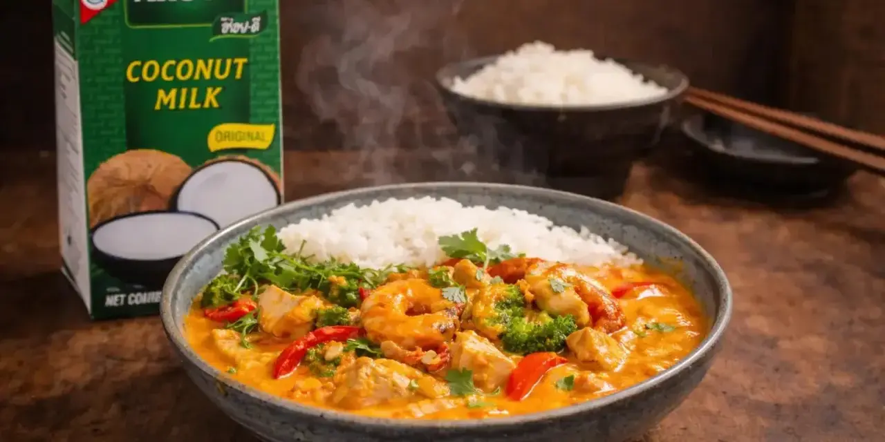 En skål med ångande curry med räkor, kyckling och grönsaker, serverad med ris. Bredvid står en kartong med Aroy-D kokosmjölk, perfekt för en krämig leche de coco-baserad sås.