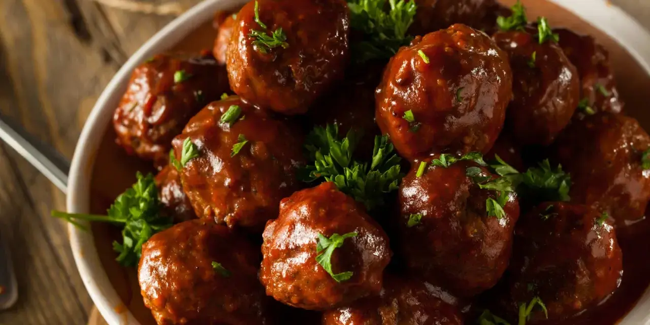 En skål med saftiga köttbullar i en rik, mörk sås, toppade med färsk persilja. Dessa albondigas de carne con salsa ser otroligt goda ut!