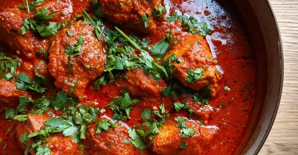 En mustig kycklinggryta, estofado de pollo, i en rik tomatsås, toppad med färsk koriander.
