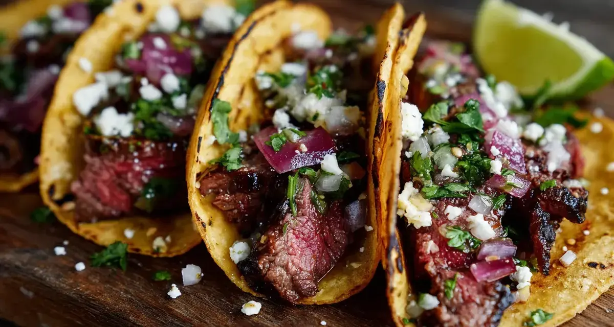Tacos med saftig carne asada, toppade med lök, koriander och ost. En limeklyfta ligger bredvid.
