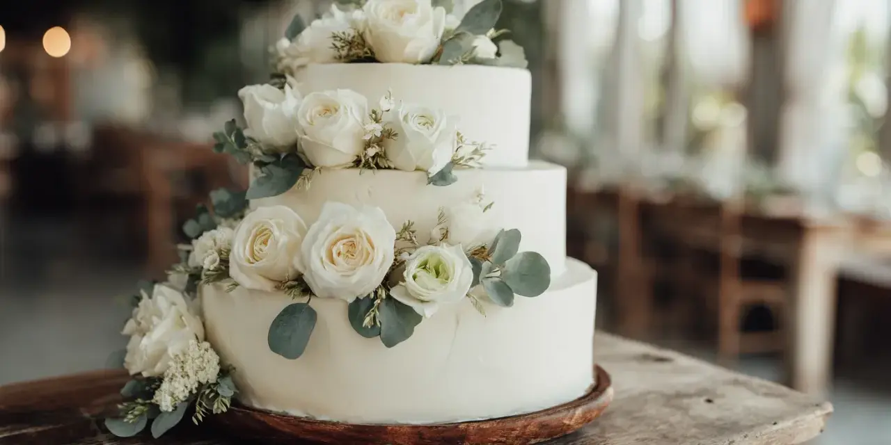 Ett elegant trevånings bröllopstårta, dekorerad med vita rosor och gröna blad. Denna vackra pastel de bodas är redo att firas.