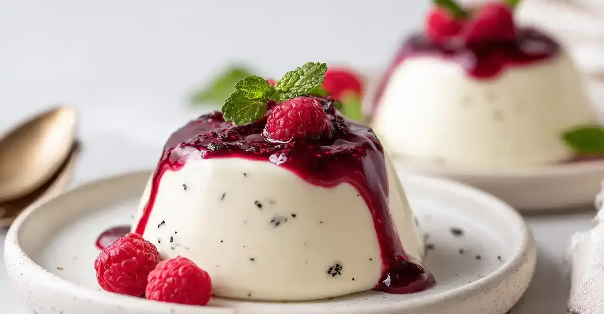 Krämig pannacotta med hallonsås och färska hallon. En perfekt dessert i ett glas.