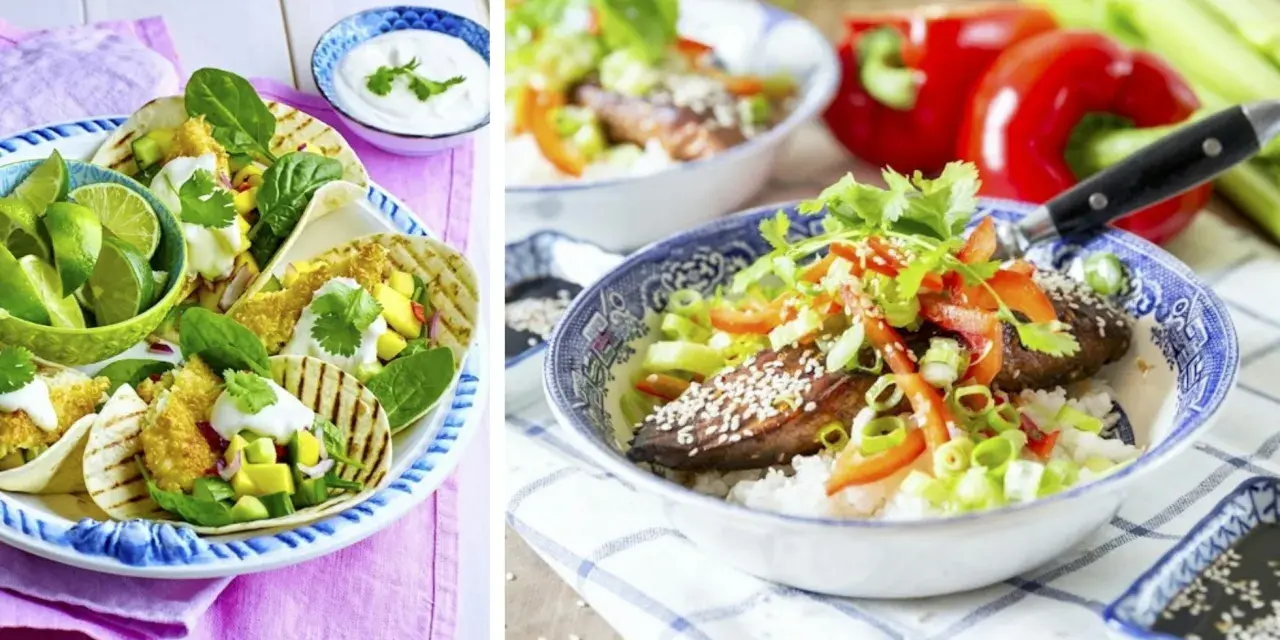 Fisk-tacos med mango och lime, samt en skål med ris, kött och grönsaker. Perfekt för **cenas saludables para niños**!