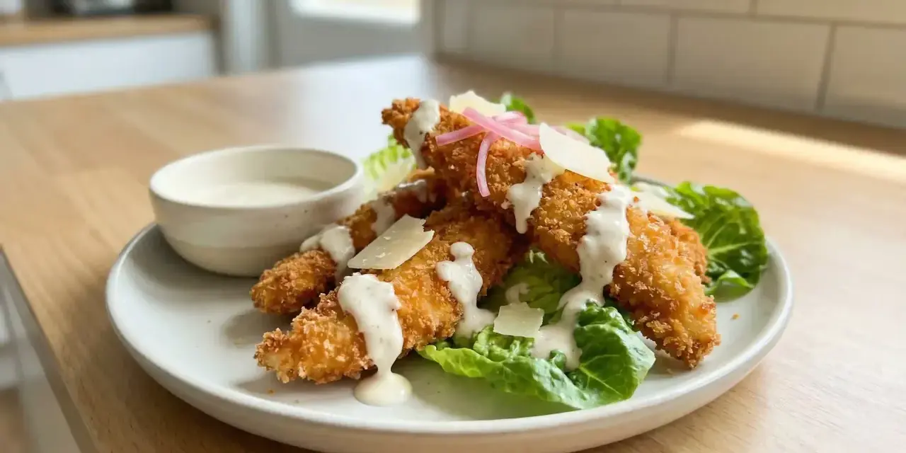 Krispiga kycklingstrimlor med krämig dressing, parmesan och sallad. Enkel guide för como hacer pollo frito.