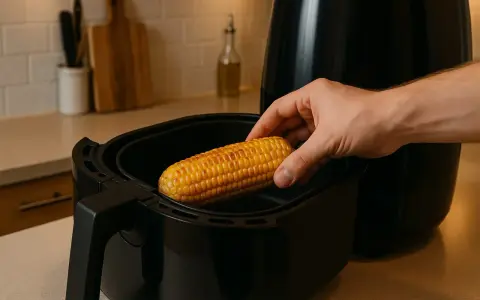 En hand placerar en gyllene mazorca de maiz i en airfryer.