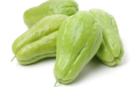 En grupp ljusgröna chayote-frukter, även kända som "que es chayote", ligger på en vit bakgrund.