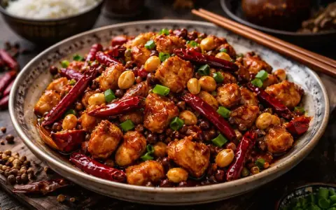 En skål med läcker pollo kung pao, full av kycklingbitar, jordnötter, torkade chilifrukter och salladslök.