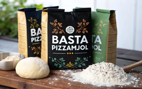 Tre påsar BASTA Pizzamjöl står uppradade. Framför dem ligger en degboll och en hög mjöl med en träsked. Perfekt för hemmagjord pizza!