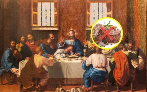 Den sista måltiden med Jesus och lärjungarna, med en överlagd bild av kött med ett kryss över, som symboliserar varför no se come carne en semana santa.