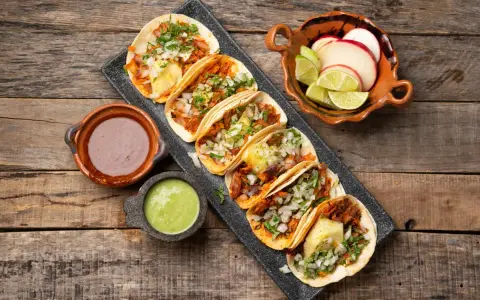 Tacos al pastor med saftig fläskkött, ananas, lök och koriander. Serveras med salsa verde, bönor och lime.
