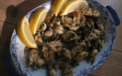 En skål med saftiga anas de rana, garnerad med citronklyftor och färska örter, redo att avnjutas.