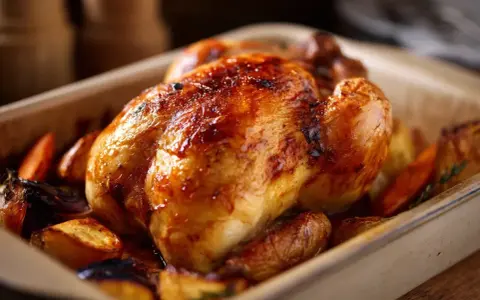 En saftig, gyllene pollo a la brasa med rostade rotfrukter i en ugnsform.