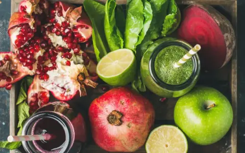 En låda med färska frukter och grönsaker, inklusive granatäpplen, äpplen, lime, rödbetor och gröna smoothies. Perfekt för naturliga botemedel mot gastrit.