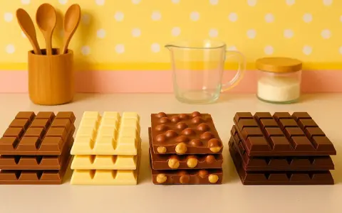 Fyra staplar med olika tipos de chocolates: mörk, vit, med nötter och mörk igen. En träbehållare med skedar, ett glas och en burk med socker i bakgrunden.