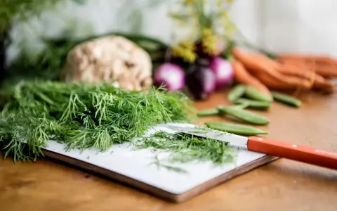Färska örter, som dill, är utmärkta för att ge smak åt mat. Här ser vi dill förberedd för matlagning tillsammans med andra grönsaker.
