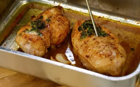 Två saftiga kycklingbröst i en ugnsform, redo att serveras. Perfekt för dina **recetas de pollo**!