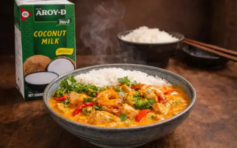 En skål med ångande curry med räkor, kyckling och grönsaker, serverad med ris. Bredvid står en kartong med Aroy-D kokosmjölk, perfekt för en krämig leche de coco-baserad sås.