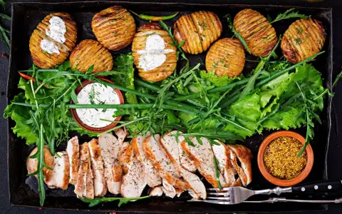 En härlig bricka med saftig kyckling, krispiga Hasselbackspotatisar och fräsch sallad. Perfekt för **cenas saludables y ligeras** – hälsosamma och lätta middagar.