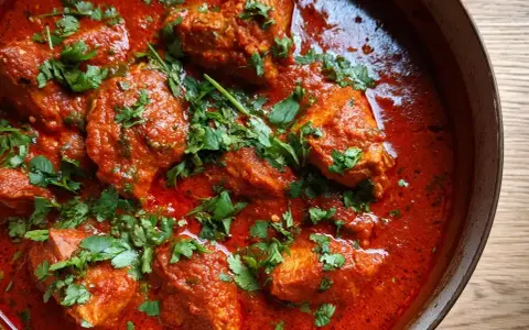 En mustig kycklinggryta, estofado de pollo, i en rik tomatsås, toppad med färsk koriander.