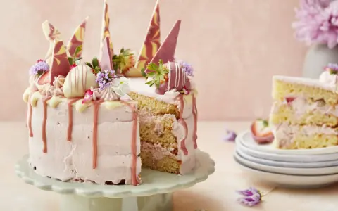 En rosa tårta med jordgubbsfrosting, chokladdekorationer och färska bär. En bit av tårtan visas på en stapel tallrikar.