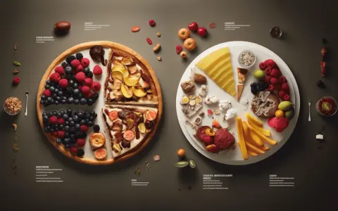 En bild som visar olika livsmedel, som bär, frukt, ost och kött, som representerar vad som är de macronutrienter.