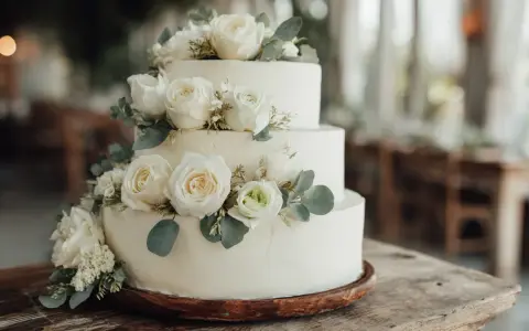 Ett elegant trevånings bröllopstårta, dekorerad med vita rosor och gröna blad. Denna vackra pastel de bodas är redo att firas.