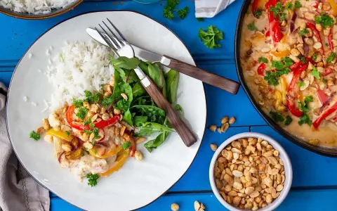En krämig kycklingrätt med paprika, jordnötter och ris. En härlig måltid med smak av carne de pollo.