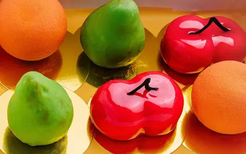 Sju glaserade bakverk i form av frukter: päron, körsbär och apelsiner. Dessa pasteles de frutas ser utsökta ut!