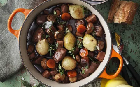 En gryta med mustig köttgryta, svamp, morötter och hela små lökar. Perfekt för att laga en smakrik "posta de yugo para que sirve" – en rätt som värmer själen.