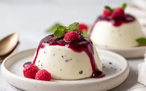 Krämig pannacotta med hallonsås och färska hallon. En perfekt dessert i ett glas.